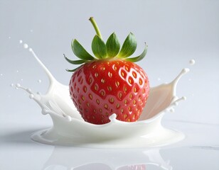 A ripe strawberry plunges into a creamy sea of milk, captured mid-splash as the silky wave embraces its glossy red skin. A moment of purity, freshness and sweet indulgence in one elegant motion