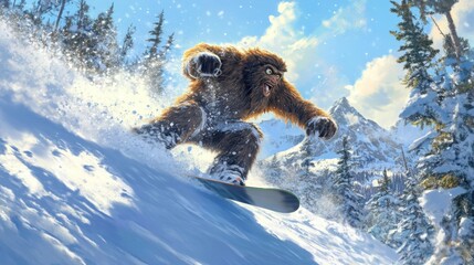 Bigfoot's Thrilling Snowboarding Adventure in the Majestic Winter Mountains