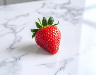A ripe strawberry rests on a luxurious white marble shelf with dramatic black veins. The contrast between the vibrant red berry and the marble’s elegant pattern evokes sophistication and freshness in 