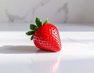 A ripe strawberry rests on a luxurious white marble shelf with dramatic black veins. The contrast between the vibrant red berry and the marble’s elegant pattern evokes sophistication and freshness in 