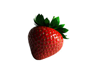 A single strawberry floats in the void, vibrant and flawless. Its glossy surface and vivid red hue stand out against the black background, symbolizing purity, temptation, and simplicity