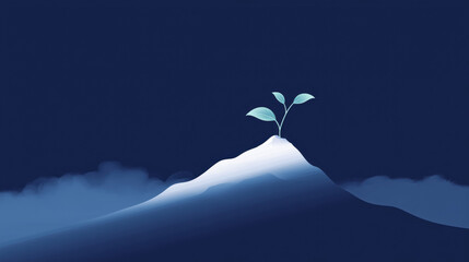 Fototapeta premium Minimalist illustration of a small plant growing on a mountain peak against a dark background