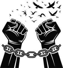 Symbolic image of two clenched fists breaking free from heavy chains with a flock of birds flying upwards representing freedom and liberation