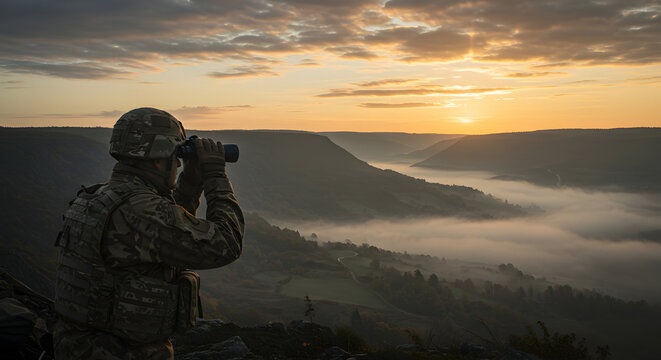 Soldier watching sunrise over misty valley using binoculars military surveillance landscape dawn nature scenic view army combat soldier uniform equipment tactical gear high altitude observation - Powered by Adobe