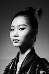 Elegant portrait of a young Asian woman in monochrome.