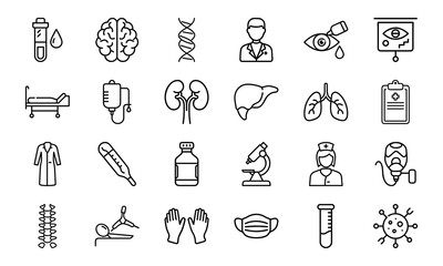 Medical and Healthcare Line Icon Set – Hospital Tools, Doctor Symbols, Human Organs, Virus, Mask, Injection, and Test Equipment Vectors

