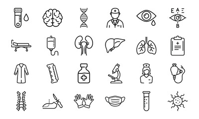 Medical and Healthcare Line Icon Set – Hospital Tools, Doctor Symbols, Human Organs, Virus, Mask, Injection, and Test Equipment Vectors

