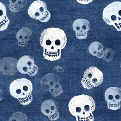 repeating skull pattern on blue denim textile halloween gothic spooky seamless design