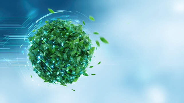 Green leaf sphere with glowing elements representing nature and technology in harmony - Powered by Adobe