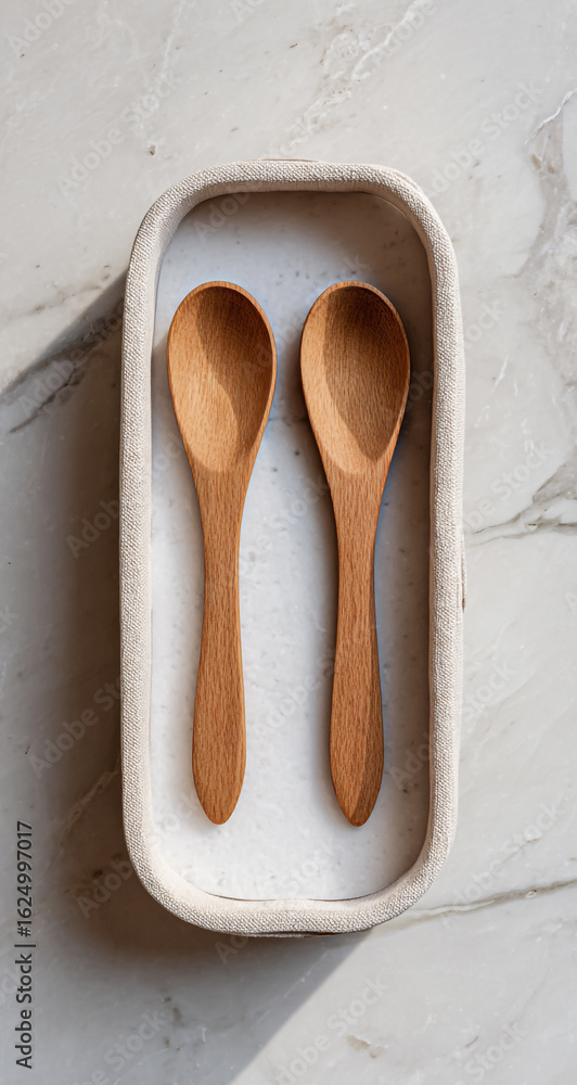 Aufkleber two wooden spoons in a rustic container on a marble surface, creating a simple and natural kitchenwa