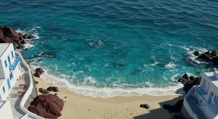 Obraz premium Aerial View of Blue Ocean Water with Sandy Beach and White Buildings in Coastal Area