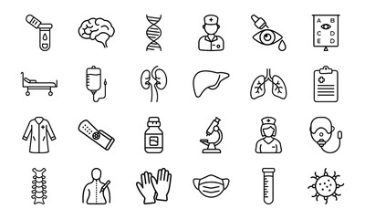 Medical and Healthcare Line Icon Set – Hospital Tools, Doctor Symbols, Human Organs, Virus, Mask, Injection, and Test Equipment Vectors


