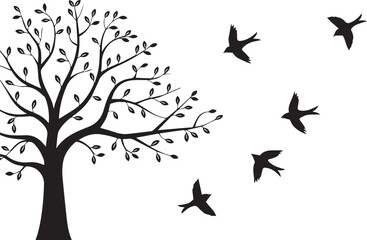 elegant black and white tree vector with flying birds silhouette for logos posters invitations and digital designs