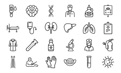 Medical and Healthcare Line Icon Set – Hospital Tools, Doctor Symbols, Human Organs, Virus, Mask, Injection, and Test Equipment Vectors

