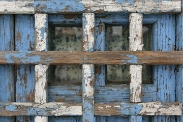 The surface of weathered wood is revealed in natural light, displaying peeling paint and texture up close