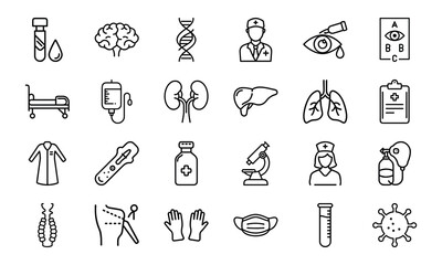 Medical and Healthcare Line Icon Set – Hospital Tools, Doctor Symbols, Human Organs, Virus, Mask, Injection, and Test Equipment Vectors

