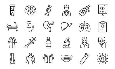 Medical and Healthcare Line Icon Set – Hospital Tools, Doctor Symbols, Human Organs, Virus, Mask, Injection, and Test Equipment Vectors

