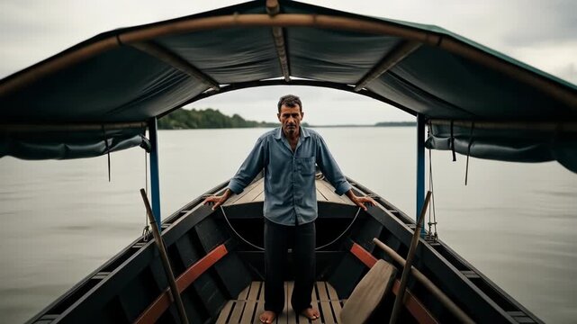 A man standing in the bow of a wooden boat on a foggy river a solemn and pensive portrait of a fisherman or sailor