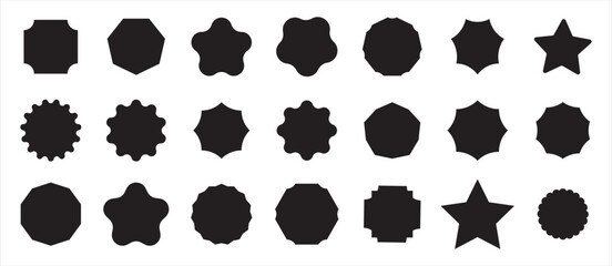 Sunburst sticker shapes. Star round sticker tag icon shape pack. Star burst shape tags for price. Blank sale stickers. Wavy edge promo black badges. Vector Graphic illustration. 