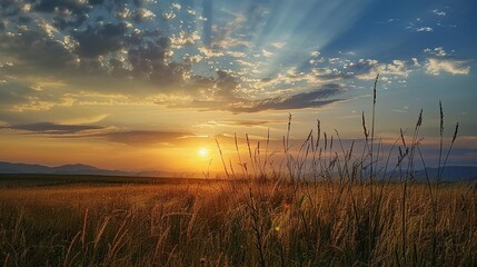 Fototapeta premium Golden Glow of Celebration: New Year Decorations Meet Grassland Sunset in Breathtaking Images As the sun dips below the horizon, painting the grassland in hues of amber and crimson, vibrant New Year d