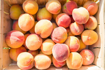 Ripe peaches in a wooden box, closeup of photo. Top view.