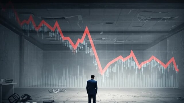 Businessman observing declining financial trends in a dimly lit office with scattered papers