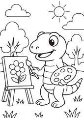Coloring book lizard painting a flower on an easel outdoors.