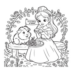 Princess with guinea pig and sweets coloring book page colouring page