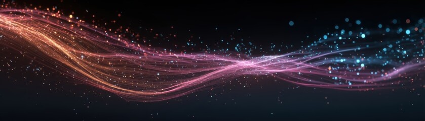Obraz premium A vibrant abstract design featuring flowing lines and colorful particles against a dark background, creating a dynamic and energetic visual effect, Commercial Quantum Computing