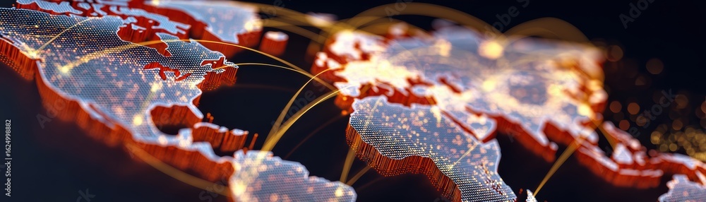Poster a digital representation of a world map featuring illuminated connections, symbolizing global networ
