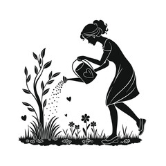 A detailed black and white vector illustration of a woman kneeling on the ground beside a potted plant. 