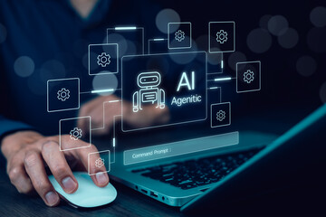 AI Agents and  software interface concept,virtual assistant for customer service, futuristic smart automation with  AI assistant for graphic design, translation and chatbot.