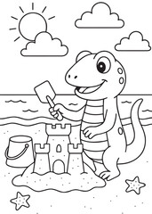 Coloring book lizard building a sandcastle on the beach.