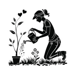 A detailed black and white vector illustration of a woman kneeling on the ground beside a potted plant. 