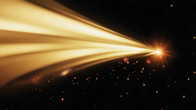 Abstract concept of high-speed energy transmission with golden light rays and particles on a black background for futuristic design.
