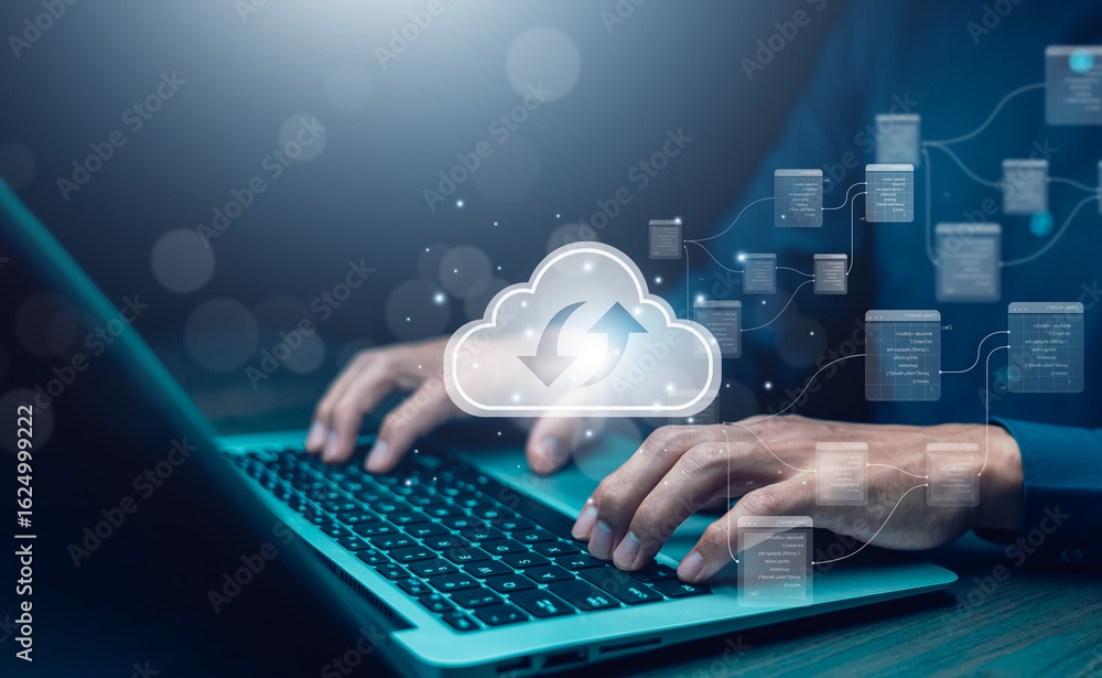 Poster cloud technology concept global network of metaverse systems concept, man hand touch data with inter