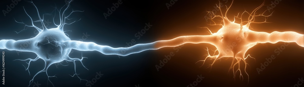 Poster an abstract illustration of two neurons in contrasting colors, depicting neural connections and comm