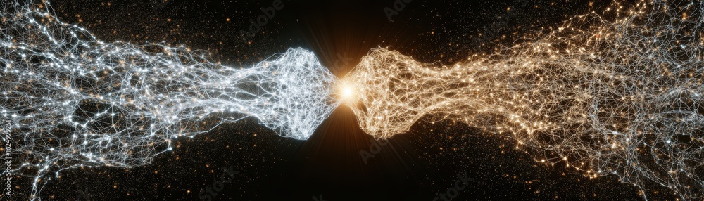 Aufkleber a dynamic representation of energy colliding, showcasing intertwining light strands in contrasting c