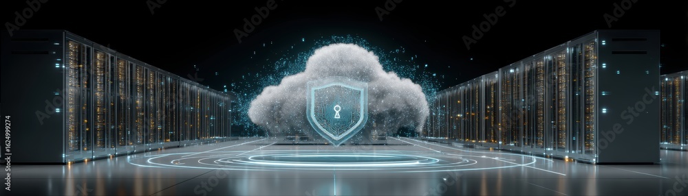 Poster a futuristic data center with servers and a cloud symbol, representing cybersecurity and data protec