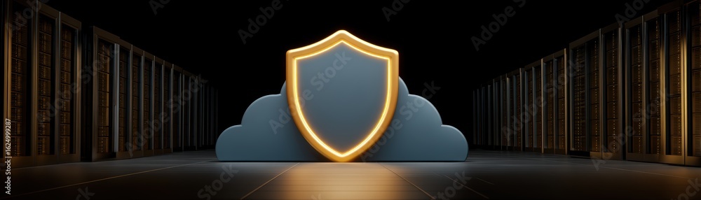 Poster a digital cloud shield symbolizing cybersecurity, set against a backdrop of data servers in a dark, 