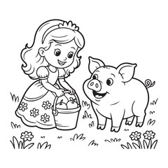 Princess with apples and pig in a coloring book style page colouring page