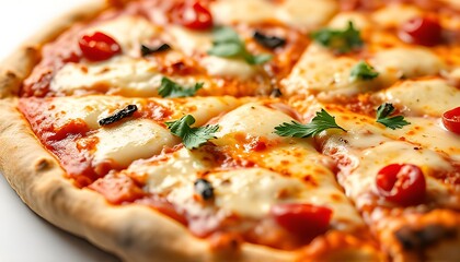 Pizza A close up of a hot and cheesy pizza on a white background
