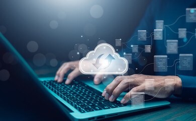 Cloud technology concept Global network of metaverse systems concept, Man hand touch data with internet cloud technology and File Transfer backup copy,Global business  Internet for Telecommunication