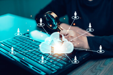 Cloud technology concept Global network of metaverse systems concept, Man hand touch data with internet cloud technology and File Transfer backup copy,Global business  Internet for Telecommunication