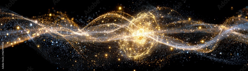 Poster a mesmerizing display of swirling golden lights and particles, creating a dynamic and ethereal cosmi