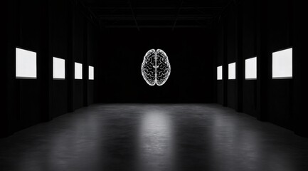 Brain hologram in dark exhibition hall with blank screens. Ai development and human mind exploration concept. Artificial intelligence.