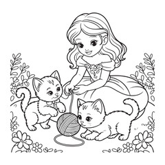 Girl playing with kittens and yarn in a garden coloring page colouring page