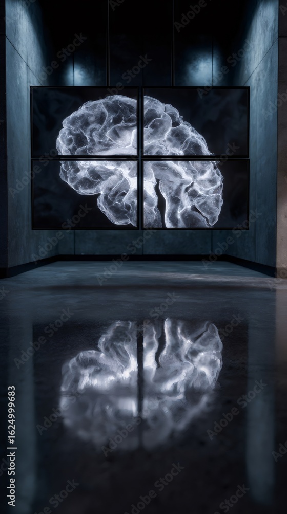 Poster holographic brain on virtual display screens in a modern dark room. artificial intelligence and neur