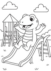 Coloring book lizard sliding down a playground slide.