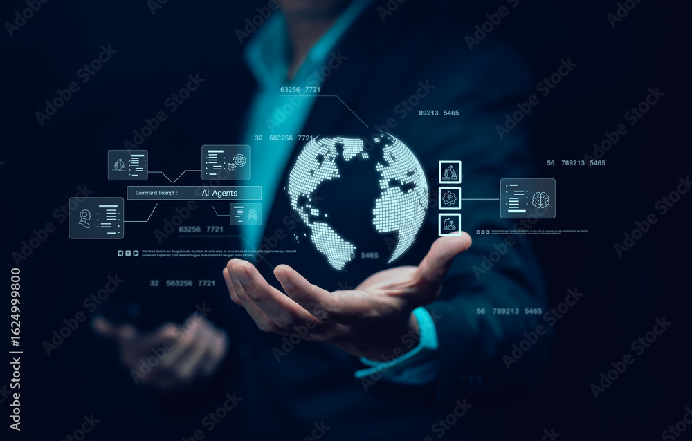 Poster ai agents and software interface concept,virtual assistant for customer service, futuristic smart au
